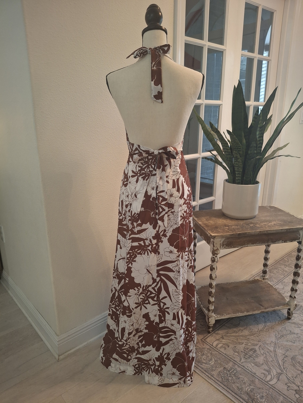 Vintage 70's Pomare Halter Floral Maxi Dress in Brown & White - Picture 3 of 5